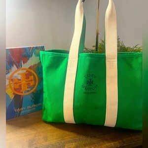 Tory Burch Green & White Canvas Tote